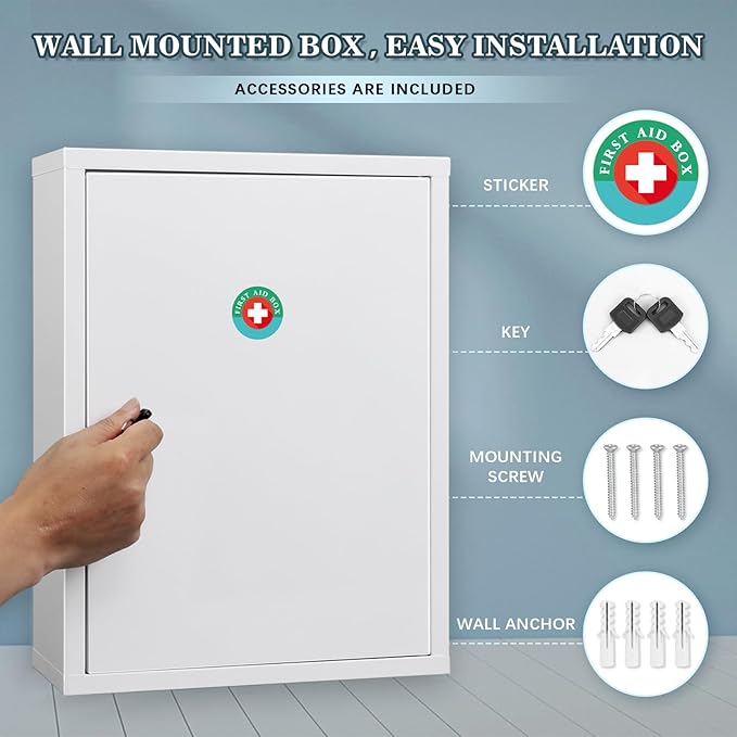 KYODOLED Wall Mount Locking Medicine Cabinet, Large Capacity First Aid Cabinet for Bathroom, Medicine Cabinet with Key, Secure Steel Lock Box for Medication, 15.75" H x 11.82" W x 4.72" D, White