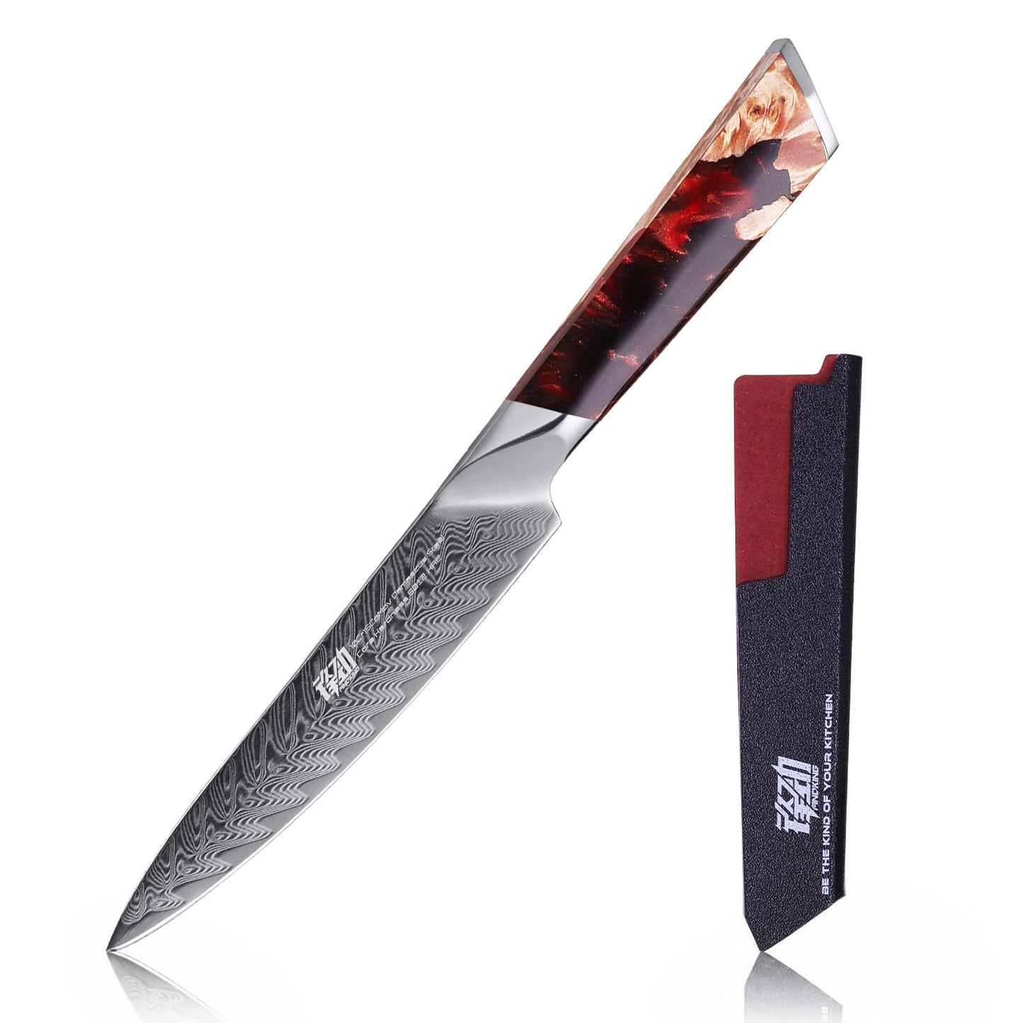 FINDKING Nebula Series Kitchen Utility Knife with ABS Sheath, Versatile Small Petty Knife, 10Cr15CoMov Damascus Blade, Resin and Figured Sycamore Handle, Full Tang, 5 Inch, Blue, for Fruit, Steak