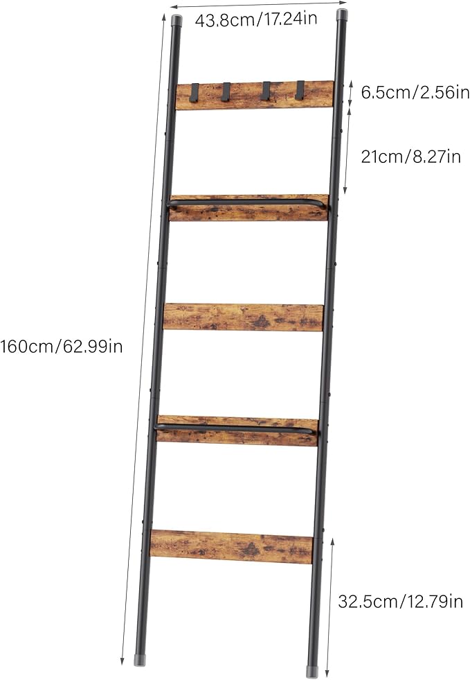 Blanket Ladder, 5-Tier Towel Holder with 2 U-shaped storage rack, Farmhouse Wall Leaning Decorative Rack Shelf, Towel Display Rack, Removable Hooks, Quilt Ladder for Living Room, Bedroom, Rustic Brown