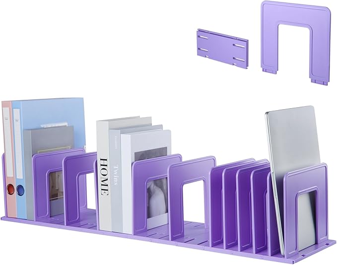 Adjustable Vertical File Sorter Sturdy Plastic Expandable Upright File Holder, Desktop Binder Organizer, School Office Organization Bookshelf Divider, Assemble Easily Endlessly, Purple