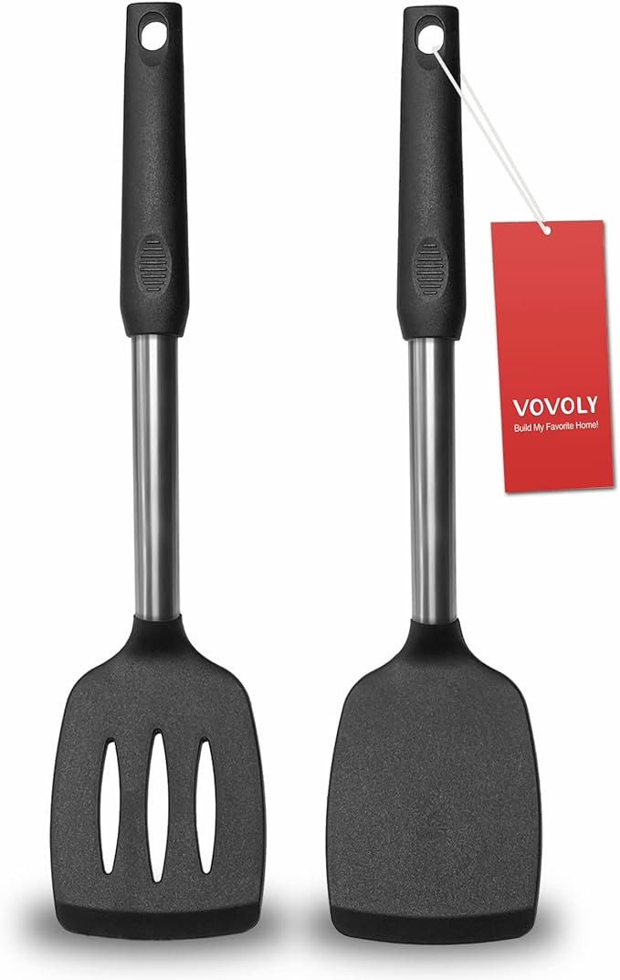 2 Pack Spatulas, Solid & Slotted Silicone Spatula Set, Stainless Steel Handle Coated with Silicone, Non Stick Turners, Heat Resistant Rubber Spatulas for Fish, Eggs, Pancakes, WOK, Red