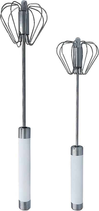 Balevi Stainless Steel Push Whisk - Easy to Use Manual Hand Mixer & Plunger Whisk - Make Froth, Foam & Whipped Cream - Semi Auto Egg Beater Plastic Tip Won’t Scratch Pans (2 Pack 10in & 12in) STEEL