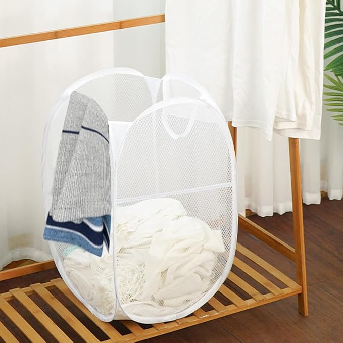 Larpur Popup Laundry Basket, Mesh Clothes Hamper Portable Laundry Hamper with Reinforced Carry Handles, Collapsible for Storage (White)
