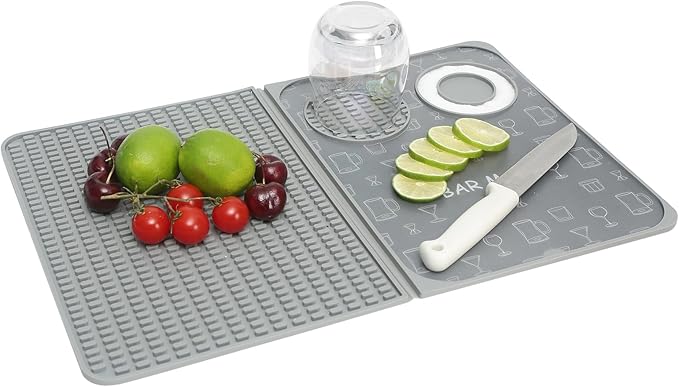 Foldable Bar Mat 18x12 inch - 3-in-1 Silicone Drying Mat with Removable Cutting Board & Rim Tray | Countertop Protector for Home, Outdoor, Travel | Professional Cocktail Accessories (green)