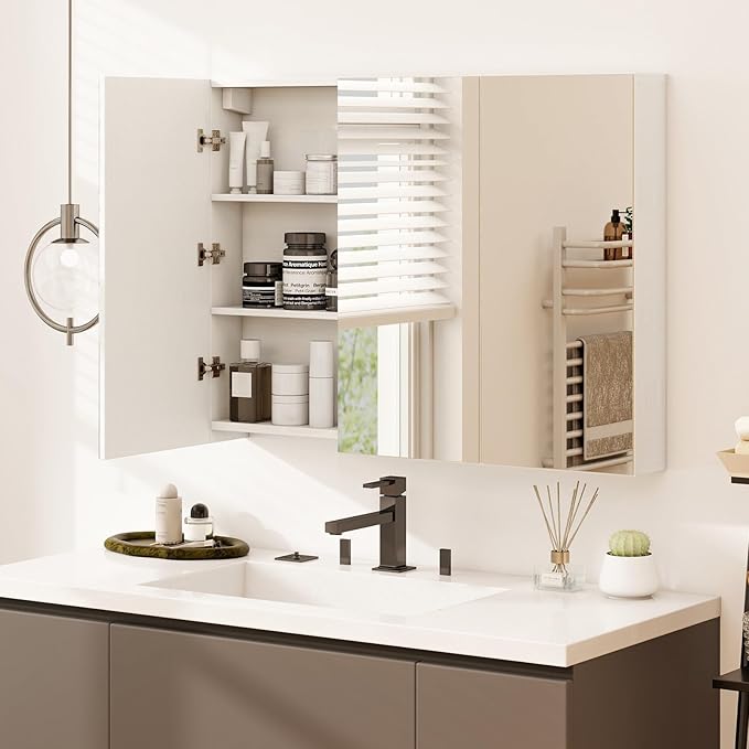 Tangkula Mirrored Medicine Cabinet, Large Wide Wall Mounted Storage Cabinet with 3 Mirror Doors, Hanging Bathroom Organizer, White, 34.5 x 5 x 25.5 Inches