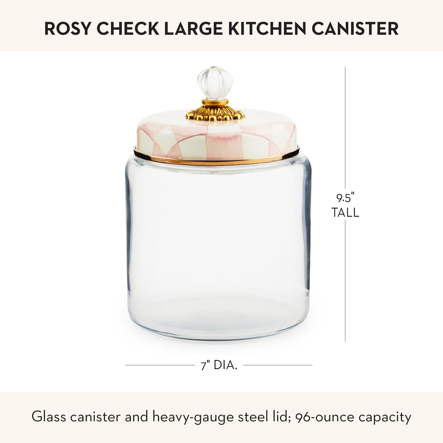 MACKENZIE-CHILDS Rosy Check Kitchen Canister, Decorative Pink-and-White Glass Storage Jar with Lid, Large