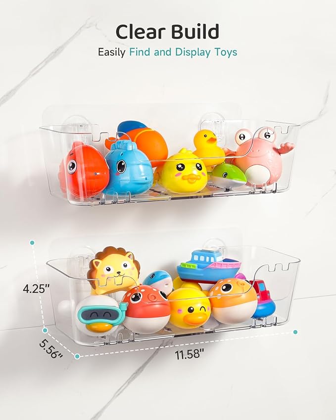 Bath Toy Storage Organizer 4 Pack, Transparent Bath Toy Holder with Drain Holes, Durable Plastic Bathtub Toy Storage for Bathroom, Quick-Dry Drainable Shower Caddy, Easy to Clean (Plastic 4 Pack)
