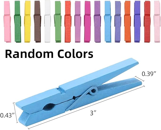 200pcs Colored Clothespins Wooden Clothes Pins, Wood Clips for Crafts Pictures Classroom Photos, 3inch, Random Colors