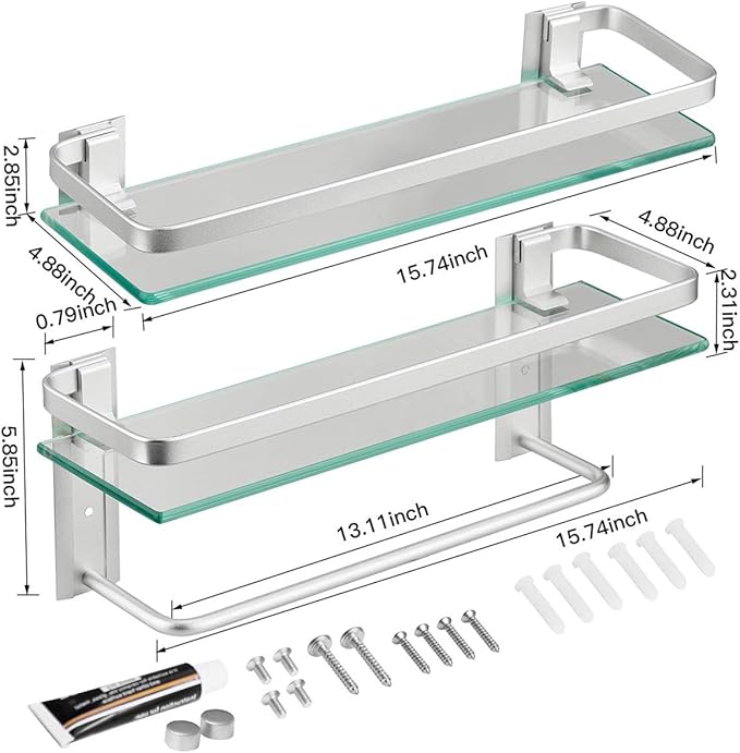 VOLPONE Glass Bathroom Shelf 15.7in Bathroom Shelf Wall Mounted Floating Glass Shelves with Towel Holder Glass Shelf for Bathroom 2 Tier (Sliver)