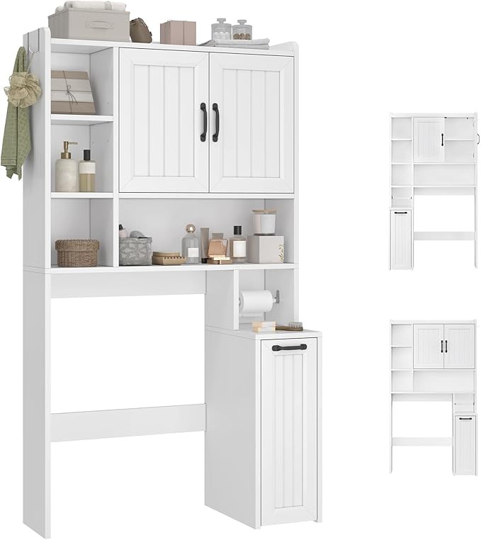 Over The Toilet Storage Cabinet with Pulley Small Bathroom Storage Cabinet, Space Saver W/Adjustable Shelf & Open Shelf for Bathroom, Restroom, Laundry (White-Type A)