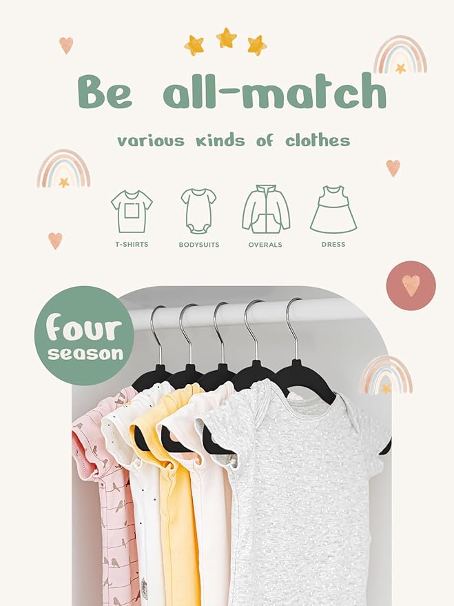 HOUSE DAY 11 Inch Velvet Baby Hangers 50 Pack Black, Premium Kids Hangers for Children/Infant/Toddler Clothes, Durable Non Slip Small Baby Felt Hanger for Closet, Ideal for Everyday Use
