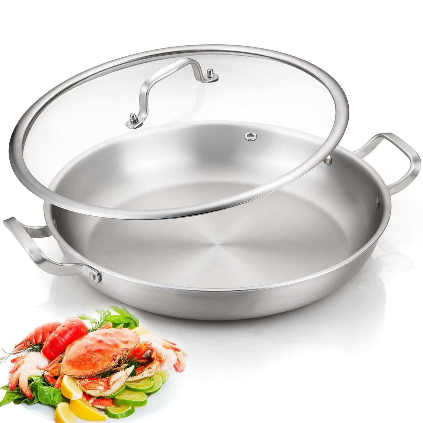 DELARLO 13 Inch Tri-Ply Stainless Steel Paella Pan With Lid, Big Frying Pan, kitchen Induction Large Skillets,Great for Paella Parties Indoors Outdoors,Heavy Duty Style