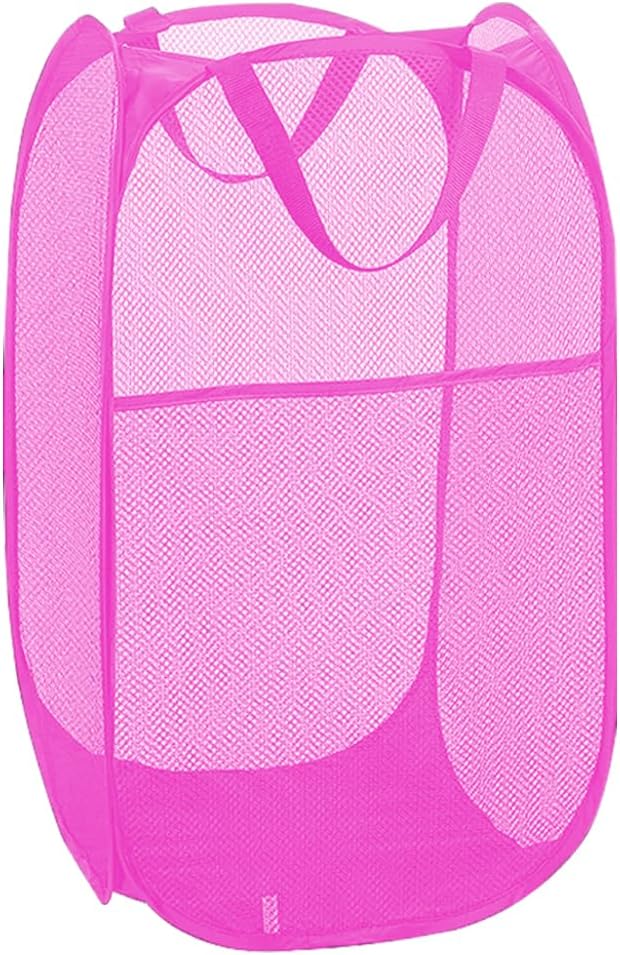 Larpur Popup Laundry Basket, Collapsible Portable Mesh Clothes Washing Laundry Hamper with Reinforced Carry Handles (Pink)