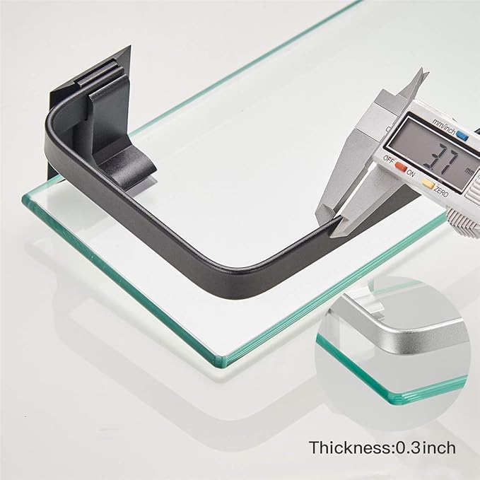 VOLPONE Bathroom Glass Shelf with Towel Bar Black Bathroom Shelf Wall Mount Rustproof Bathroom Wall Organizer Towel Rails1 Tier (Black)