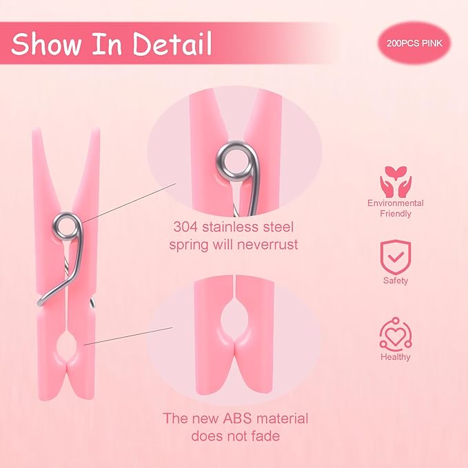 100PCS Pink Plastic Clothes Pins for Girl Baby Shower Games, DIY Crafts, Photos - 1.35 Inch Small Mini Pins, Tiny Clips for Laundry & Picture Displays Gender Reveal Party Decorations