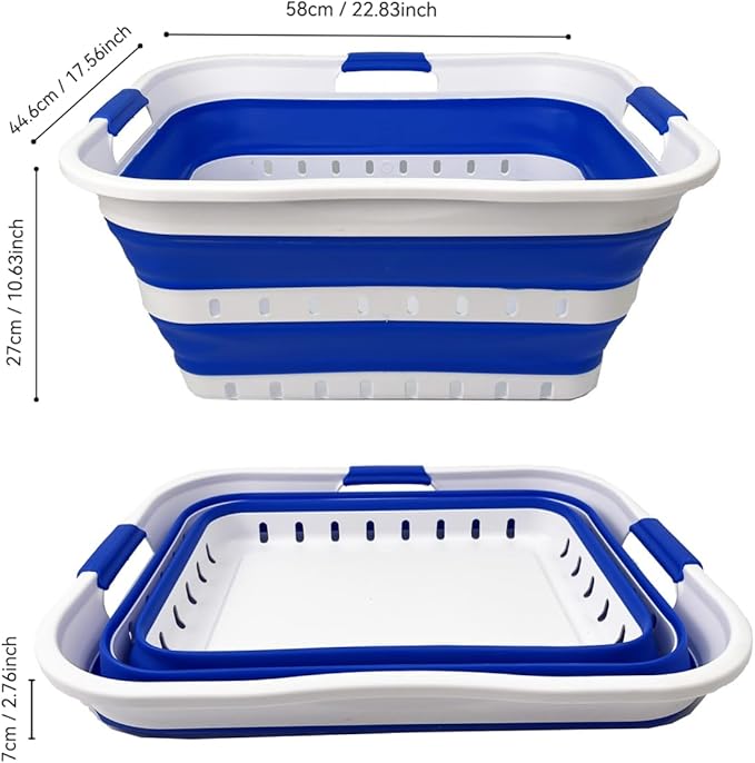 SAMMART 42L (11 gallon) Collapsible Plastic Laundry Basket - Foldable Pop Up Storage Container/Organizer - Space Saving Hamper/Basket (1, White/Dark Blue)