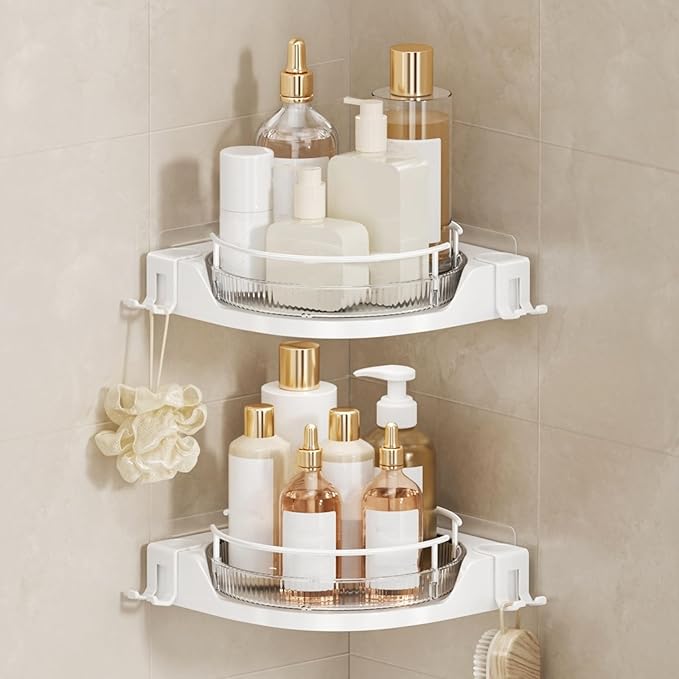 360° Rotating Corner Shower Caddy (2-Pack) - Lazy Susan Bathroom Organizer with Hooks, No-Drill Adhesive Mount for Shower, Kitchen, RV, Space-Saving ABS Plastic Shower Shelf