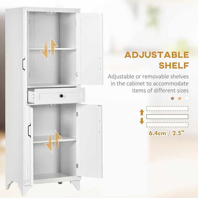 HOMCOM 67" Tall Freestanding Kitchen Pantry Cabinet 4-Door Drawer White