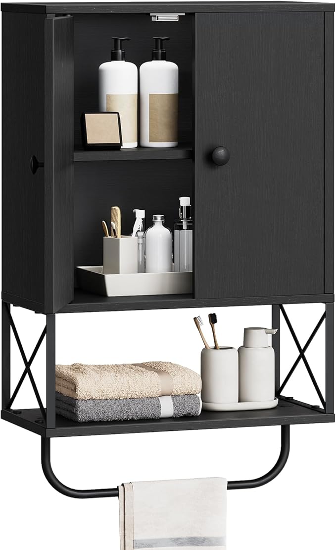 Bathroom Wall Cabinet with 2 Door and Adjustable Shelf, Farmhouse Medicine Cabinet with Towel Rack, 3-Tier Wall Mounted Storage Cabinet Over The Toilet for Bathroom Laundry Room, Black