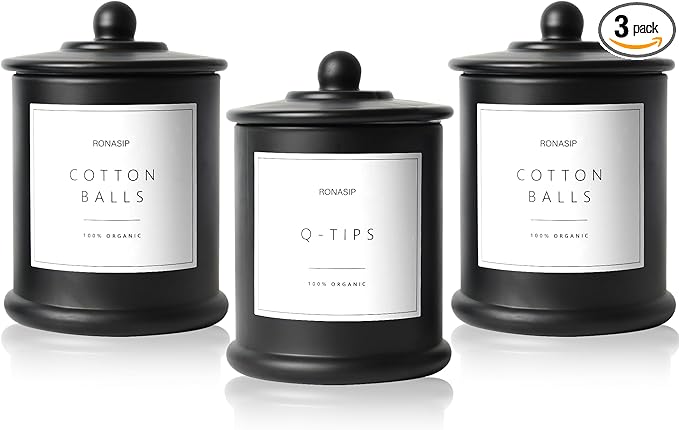 3 Pack Qtip Holder Dispenser, 16oz Bathroom Organizer and Storage Canisters, Glass Apothecary Jars with Lid - Home Decor, Room Decor Aesthetic (Black)