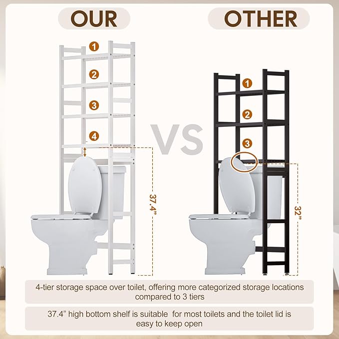 Over The Toilet Storage with 2 Baskets, 4-Tier Bamboo Organizer Rack with Paper Holder & 4 Hooks & Waterproof Feet Pad,Freestanding Shelf for Bathroom(White)