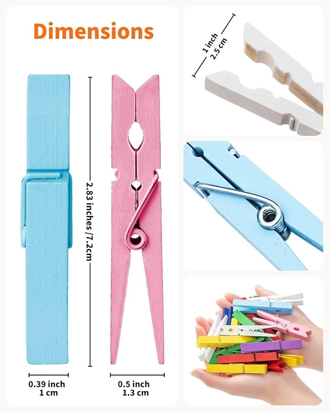 Colored Clothespins, Colorful Clothes Pins Wooden Clips Rainbow Colors 50 Pack Decorative Crafts Pegs Photos Pictures Decoration Clip Clothing Hanging Closepins, 2.9 Inch