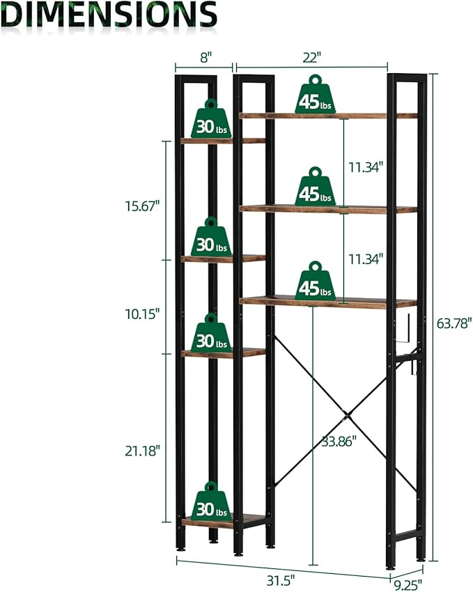 OTK Over The Toilet Storage with 7-Tier Bathroom Organizer Shelf, Freestanding Space Saver with Adjustable Feet & Hooks, Storage Rack for Bathroom, Restroom, Laundry, Rustic Brown