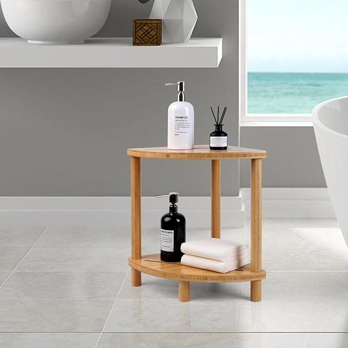 Upgraded Bamboo Corner Shower Stool for Inside Shower Waterproof,2-Tier Shower Foot Rest with Storage Shelf,Corner Shower Shelf Bench Caddy Shaving Leg,Bath Seat,Gifts for Women Mom