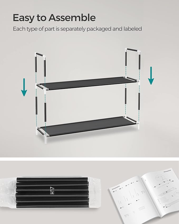 SONGMICS 2-Tier Shoe Rack, Shoe Storage for Hallway Closet, Slim and Space-Saving, Metal Frame, Non-Woven Fabric Shelves, Black ULSH052B01