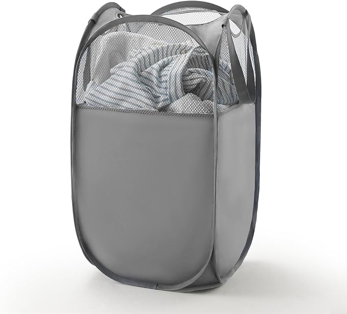 TECHMILLY Pop Up Foldable Laundry Basket, Mesh Laundry Hamper with Reinforced Handles for Dirty Clothes Storage in Dorm, Laundry Room, Bathroom, Grey(Fabric)