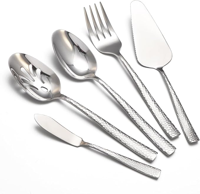 Large Hostess Serving Utensils Set, Stainless Steel Heavy Duty Hammered Serving spoons, Slotted Spoons, Serving Fork, Cake Server, Butter Knife, Dishwasher Safe（Black）