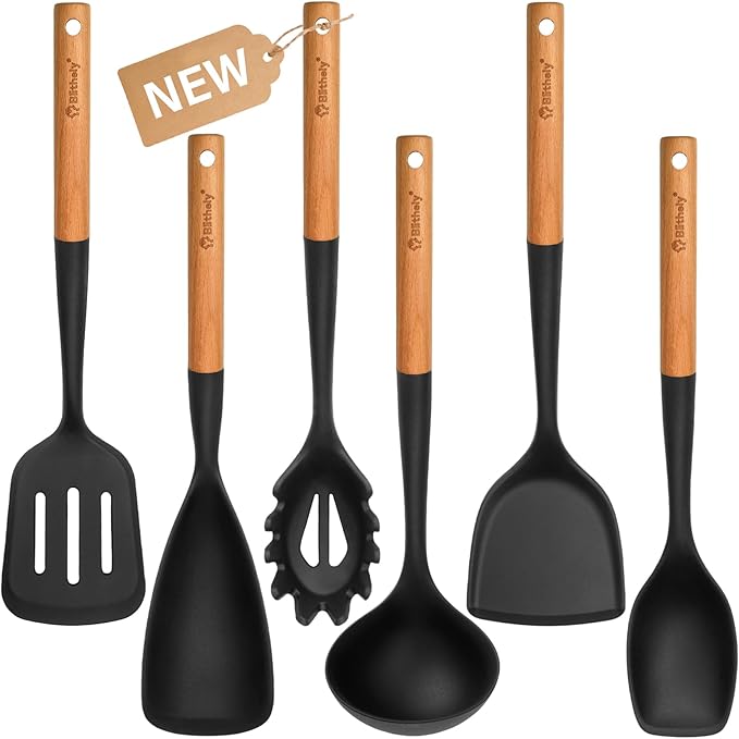 Large Silicone Kitchen Utensils Set, 6 PCS Nonstick Cooking Utensils Set with Wooden Handle, Heat Resistant and BPA Free Silicone Utensil Set for Cooking with Turner, Spoon and Ladle(Cream White)