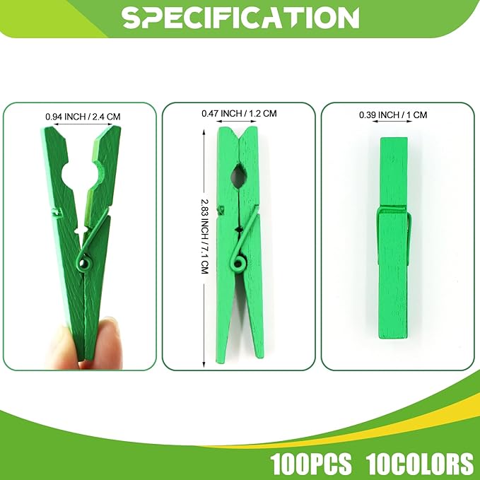 100 Pack Clothes Pins Wooden 2.9 Inch, Clothespins Wood Colorful Clothing Pins for Crafts Classroom Pictures Green