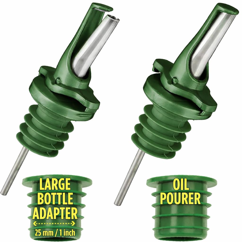 Olive Oil Spout for Olive Oil Dispenser - UK Patented Oil Pourer - Mid Flow Shut Off for Accurate Measurement - One Handed Open & Close Cap Keeps Oil Fresh and Prevents Oxidization - Green 6 Pack