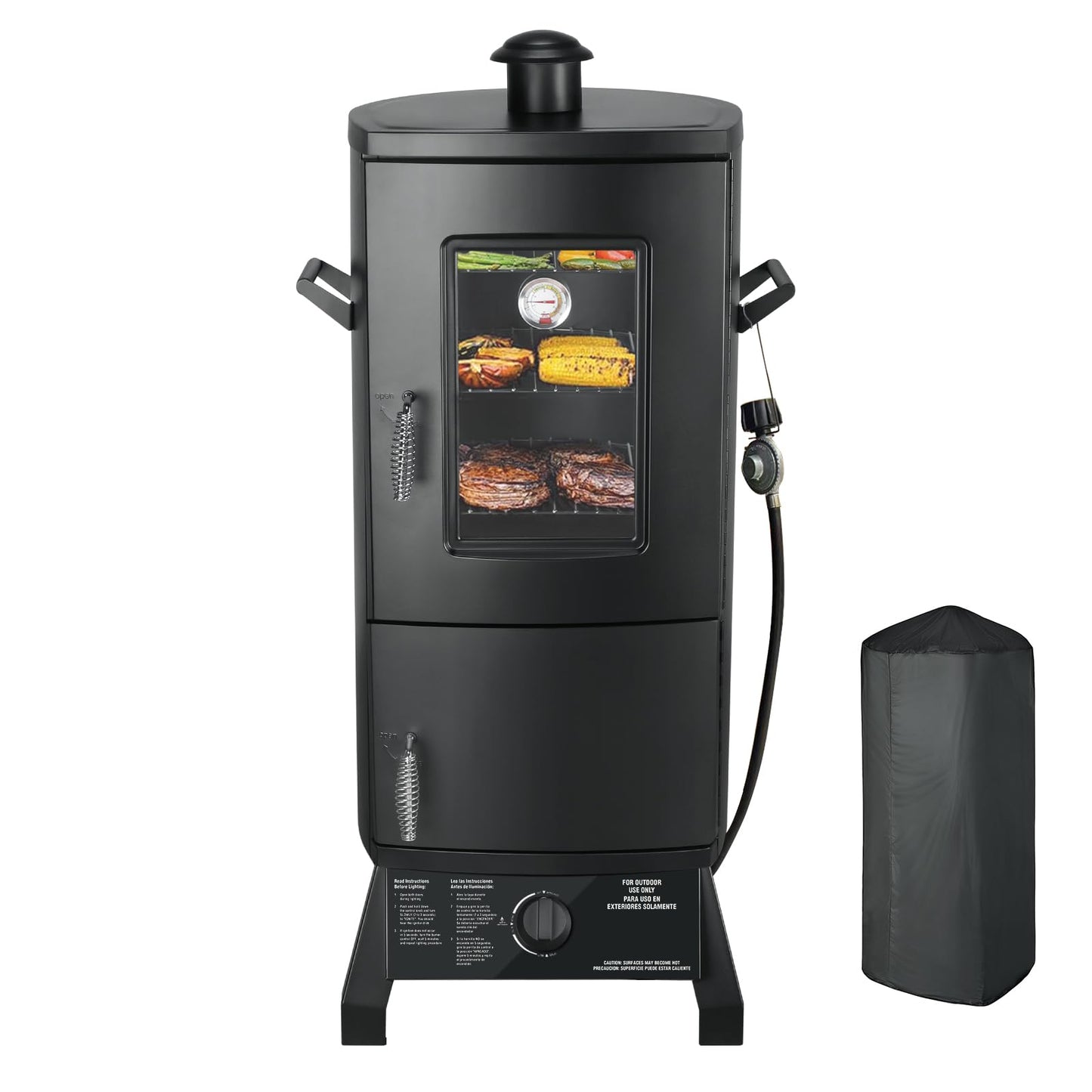 Propane Smoker with Cover, Vertical Meat Gas Smoker Grill Outdoor Heavy Duty 3 Removable Smoking Racks, Black