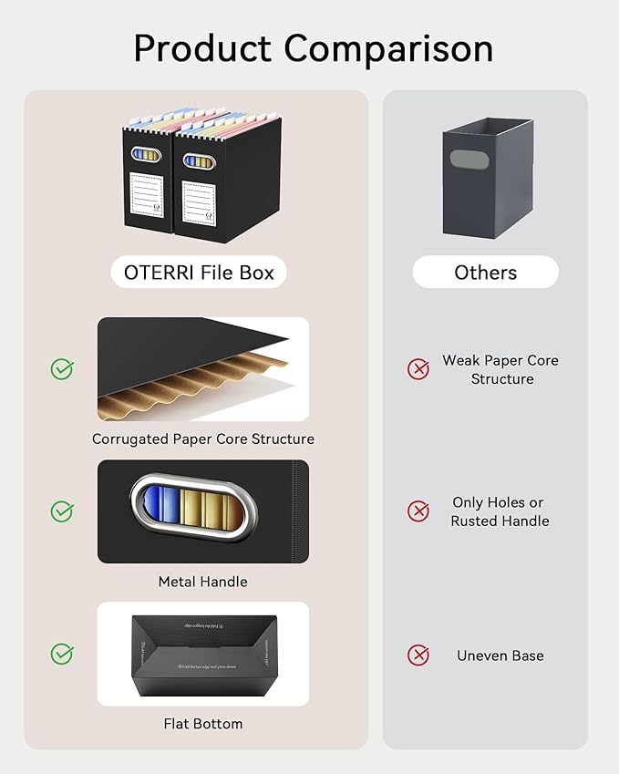 Oterri Cardboard File Organizer Box for Hanging File Folders Letter Size,File Box for Computer Desk,File Cabinet,Working Home,Office,Classroom (Black, Letter Size - 8 Packs)