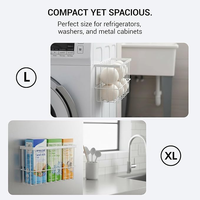 2 Pcs Magnetic Basket Fridge Dryer Ball Holder for Laundry Room Organization and Storage, Magnetic Lint Bin Home Organization for Laundry Room, Kitchen & Office Class School (White, L&XL-2pcs)