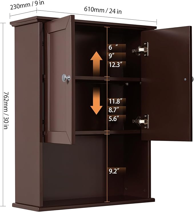 Bathroom Wall Cabinet Expresso Over Toilet Storage - 24x30 in Above Toilet Wood Medicine Cabinet with Adjustable Shelf & 2 Door Mounted Wall Cabinet