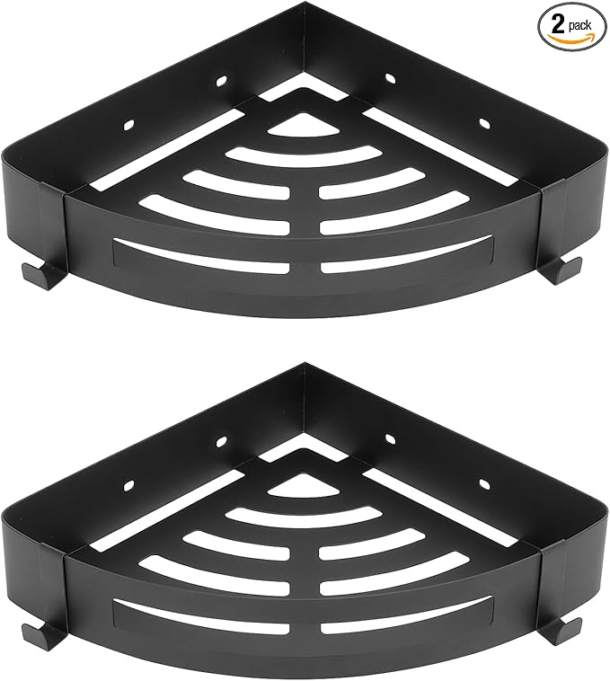 NearMoon Bathroom Corner Shelf Shower Caddy 2 Pack, No Drill 304 Stainless Steel Shower Organizer with 2 Hooks (Matte Black)