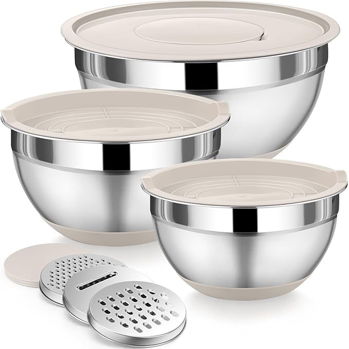 P&P CHEF Mixing Bowl with Lid Set of 3, Stainless Steel Salad Bowls, Khaki