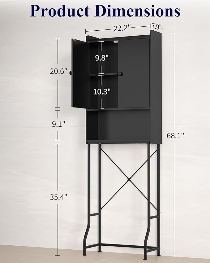 Kitsure Over The Toilet Storage Cabinet - 3 Tier Bathroom Organizers and Storage Solution with Adjustable Shelf & Bottom Bar, Anti-Tip Bathroom Storage Cabinet, Black, 3 Tiers (68.1" H)
