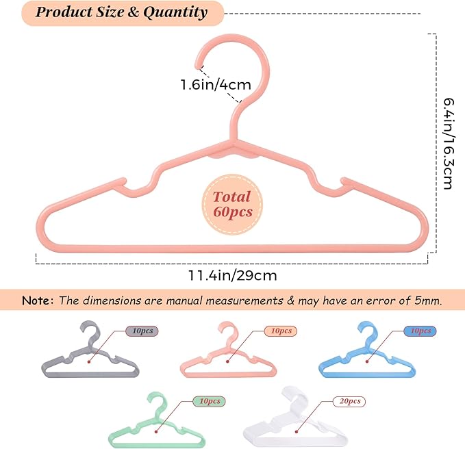 100 Pack Mix Color Kids Hangers 11.6 Inch - Baby Clothes Hangers for Toddler & Child, Durable Plastic Children's Hangers for Closet, Pants, Coats, Skirts (Non-Slip, Space-Saving)