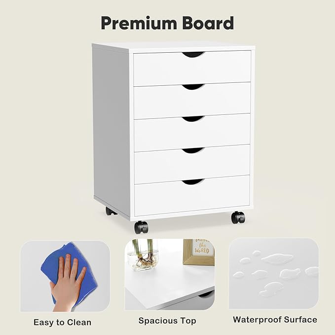 OLIXIS 5 Drawer Mobile File Cabinet Under Desk Storage Organization with Wheels Vertical Filing Chest Rolling Wood Small Desk Printer Stand for Home Office, 15.75"D x 18.74"W x 25.39"H, White