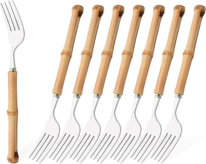 Uniturcky 8 PCS Small Fork, 6.3 Inches Stainless Steel Dessert Forks with Bamboo Handle, Kitchen Flatware Cutlery Set, Use for Tasting Cakes Fruits and Appetizer, Mirror Polished