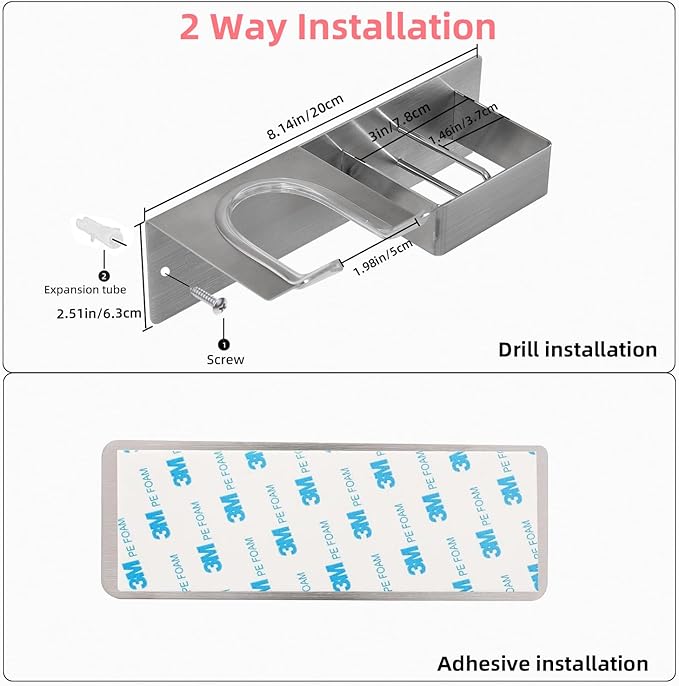 Hair Dryer Holder Wall Mounted, Hair Tool Organizer Wall Mount for Bathroom, Stainless Steel Hair Dryer Holder, Blow Dryer Holder Adhesive/Drilling Hair Dryer and Straightener Holder UEMUSI