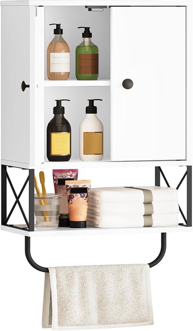 Bathroom Wall Cabinet with 2 Door and Adjustable Shelf, Farmhouse Medicine Cabinet with Towel Rack, 3-Tier Wall Mounted Storage Cabinet Over The Toilet for Bathroom Laundry Room, White