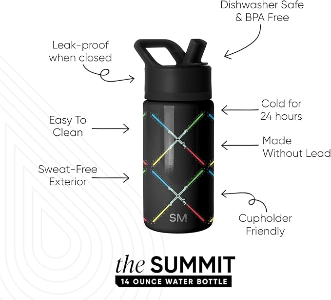 Simple Modern Kids Summit Water Bottle with Straw Lid | Star Wars 14oz Stainless Steel Cup Insulated Tumbler for Boys, Girls, School | Star Wars Saber Argyle