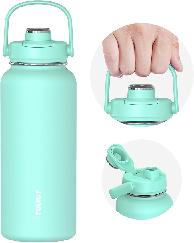 TOURIT 40 oz Insulated Water Bottle, Stainless Steel Sports Water Bottles With Top Handle, Double-Wall Travel Thermal Water Flask, BPA Free Leakproof Water Bottle for Sports and Travel, Mint Green