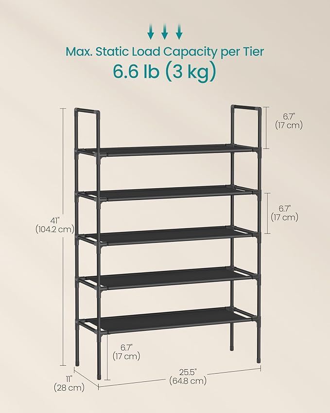 SONGMICS 5-Tier Shoe Rack, Shoe Storage for Hallway Closet, Slim and Space-Saving, Metal Frame, Non-Woven Fabric Shelves, Black ULSH045BH02