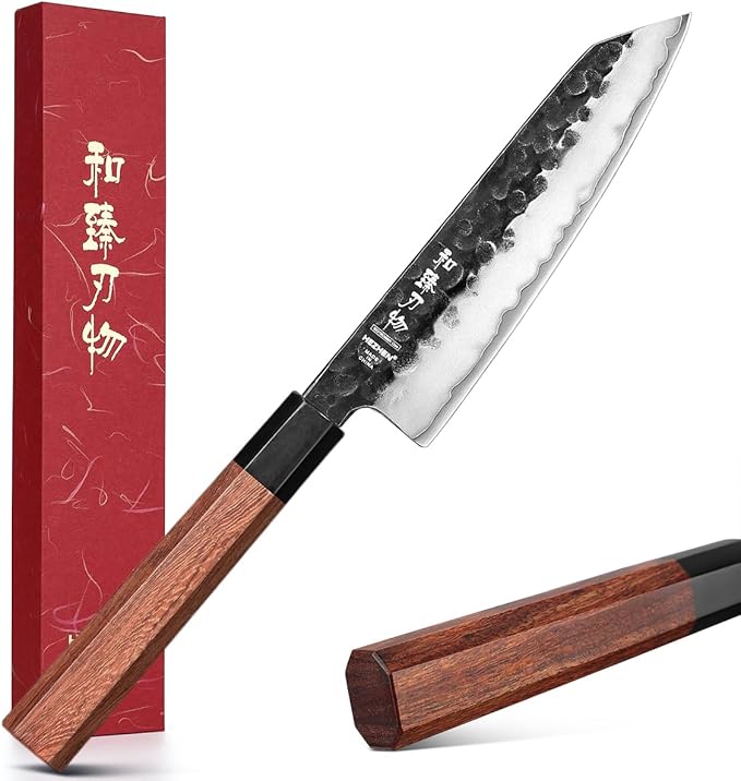 HEZHEN Santoku Knife, 7 Inches, 3 Layers Clad Steel Chef Knife,Professional Japanese Kitchen Knife for Chefs and Home Cooking,Wooden Octagonal Handle